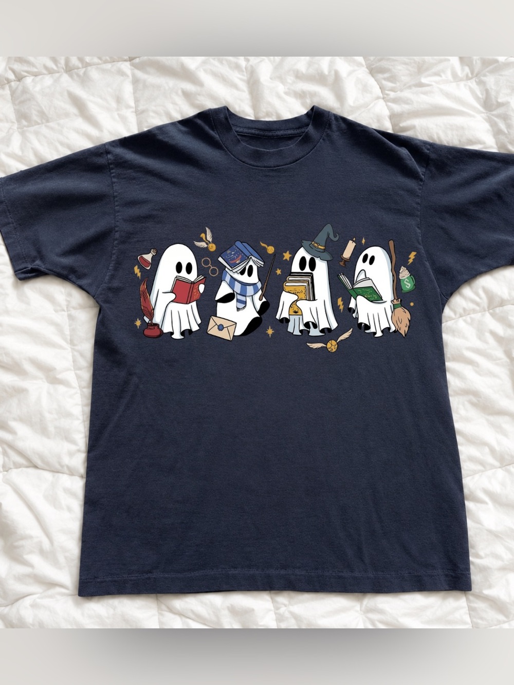 Halloween Ghost Wizards Graphic Tee, Black Retro With Cute Ghost For Unisex